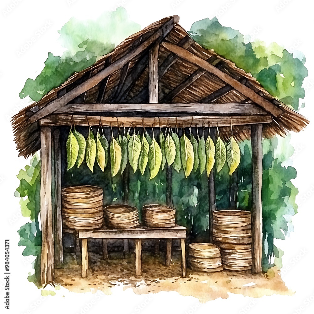 Sticker Watercolor Illustration of a Rustic Wooden Shed with Tobacco Leaves Hanging and Stacks of Wooden Rounds.