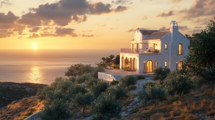 A serene off-white painted villa on a Mediterranean hillside, surrounded by olive groves and overlooking a sparkling sea at sunset