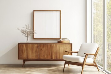 A contemporary living room with minimalist decor. A white cushioned chair with wooden