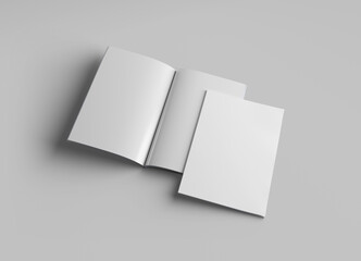 Isolated magazine cover and open magazine Mockup on white background with soft shadows. 3D rendering