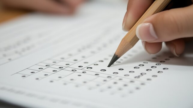 Students use pencils to fill in bubbles on answer sheets to choose their answers for a test or quiz.