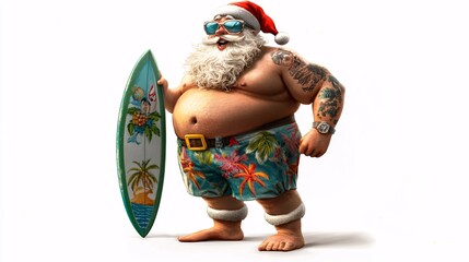 a funny chubby santa claus with a surf board