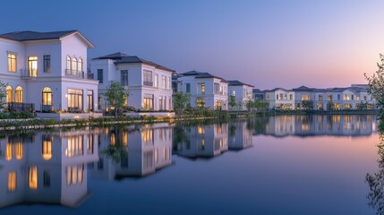 Obraz premium A serene riverside scene with a row of off-white painted townhouses, their reflections mirroring in the still water at dusk