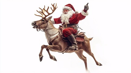 Santa Claus riding a reindeer like a cowboy