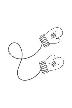 recommend clip art: Simple coloring book, winter accessories, mittens , black and white, line art on a white background.
