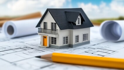3D rendering of house on construction blueprints with pencil and tape