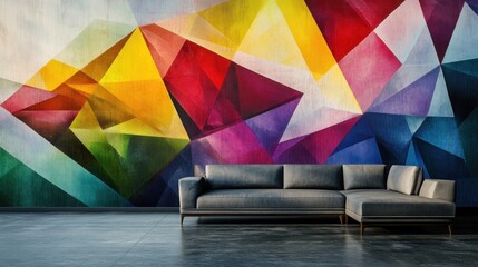 A geometric mural with sharp, overlapping triangles in contrasting colors, creating a sense of movement on a large wall