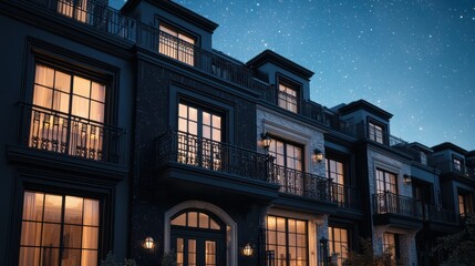 A sophisticated townhouse with a black onyx exterior, featuring elegant French doors and balcony railings, under a clear starlit sky