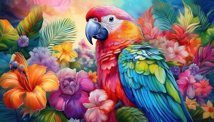 blue and yellow macaw, Pastel painting, parrot, among colorful tropical flowers, pastel painting technique, pastel texture, light blending, intricate details, soft