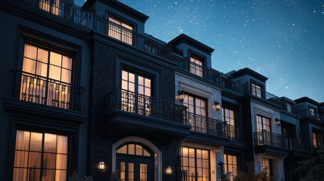 A sophisticated townhouse with a black onyx exterior, featuring elegant French doors and balcony railings, under a clear starlit sky