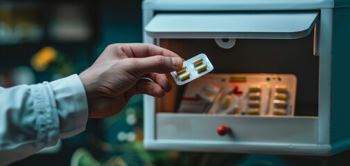 Person holding a blister pack of capsules in front of a medicine cabinet.