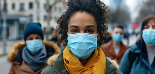 Group of people wearing masks outdoors, showcasing health safety during pandemic.