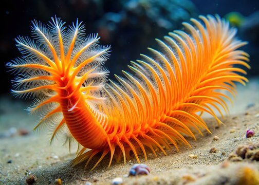 A bright orange spoon worm with feathery plumes and a long, slender body burrows into the ocean floor, surrounded by soft, white sediment.