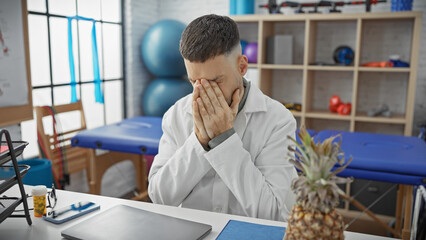 Stressed hispanic male physiotherapist in clinic room with medication, laptop, and therapy...