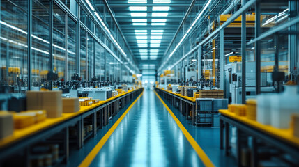 Fototapeta premium A vibrant manufacturing facility with rows of machines and stacks of yellow products during daylight operations