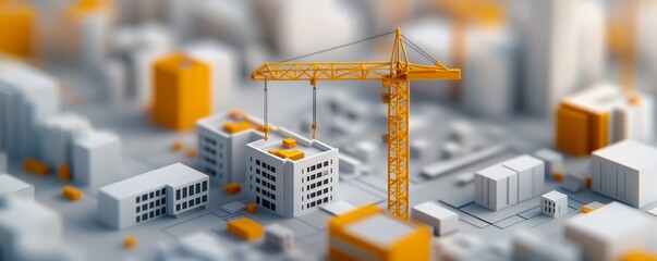 3D isometric construction site model with buildings and cranes