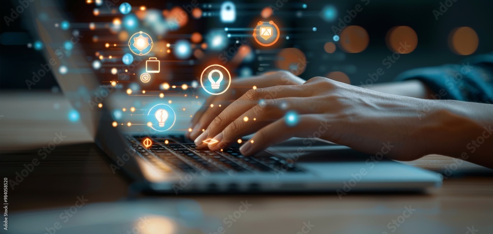 Poster Hands typing on a laptop with floating digital icons representing technology and connectivity.