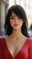 Fototapeta premium A young woman with black hair and a red dress smiles brightly in the heart of Paris, exuding joy and determination.