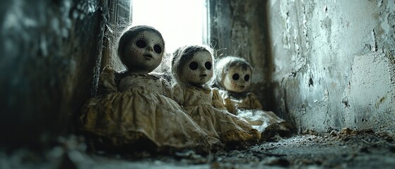 Haunting Scene of Creepy Dolls in Dusty Abandoned Room