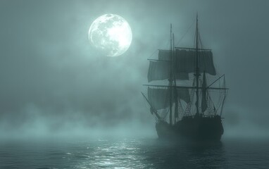 Fototapeta premium Mysterious Ghost Ship Gliding on Misty Waters under the Full Moon