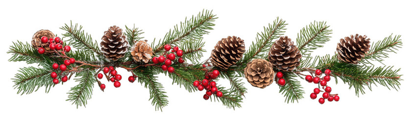 A Border Frame Made of Christmas Tree Branches, Red Berries, and Pine Cones. Isolated on a Transparent Background. Cutout PNG.