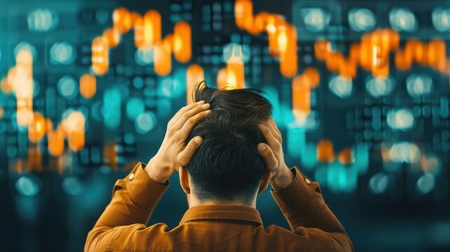A young businessman stares at a glowing forex chart, sensing the weight of financial crisis looming overhead. - Powered by Adobe