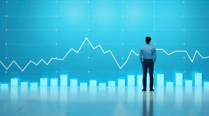 A young man gazes at a blue forex chart on the screen, immersed in finance and trading strategies in a sleek interior.