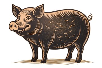 A joyful hand-drawn pig stands tall, facing forward with an encouraging smile, its ears perked up and snout slightly raised in a friendly demeanor.