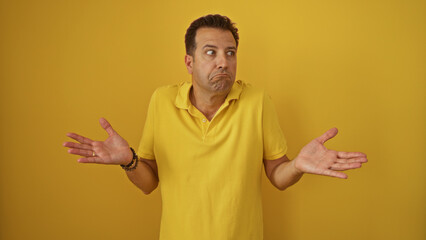 Hispanic man showing confused gesture isolated over yellow background