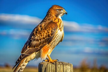 A majestic red-tailed hawk perches on a fence post, its striking rust-colored tail feathers spread wide, set against a backdrop of vast open blue skies.