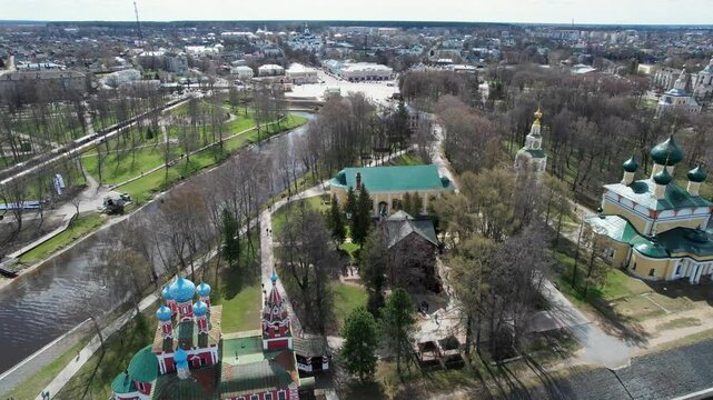 Aerial view Uglich city and Uglich Kremlin, the main attraction of the city. Point of interest High quality 4k footage