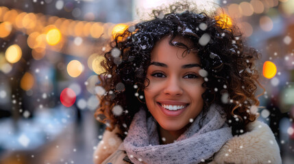 Happy brunette woman with long hair and friendly smile. Beautiful model portrait. Winter season, Christmas, enjoyment and shopping concept