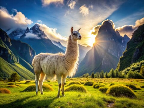 A serene llama stands majestically in a lush, vibrant meadow, surrounded by towering mountains, with its soft fur glistening in the warm sunlight.