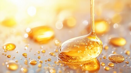 Close-up of golden liquid droplets reflecting light on a smooth surface, showcasing texture and viscosity in a vibrant setting.