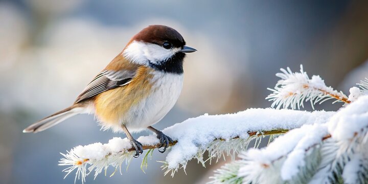 A small, fluffy boreal chickadee perches on a snow-covered branch, its black cap and white cheeks contrasting against the frosty winter landscape's muted tones.