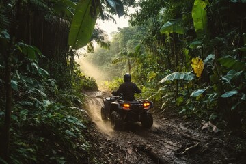 An ATV rider navigates a muddy path through a dense jungle, surrounded by lush greenery.
