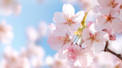 Fototapeta premium A serene close-up of delicate pink cherry blossoms against a soft blue sky, embodying the beauty of springtime and natural elegance.