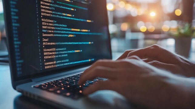 A close-up of a programmer's hands typing on a laptop keyboard with code displayed on the screen, symbolizing software development, coding, and modern technology. 