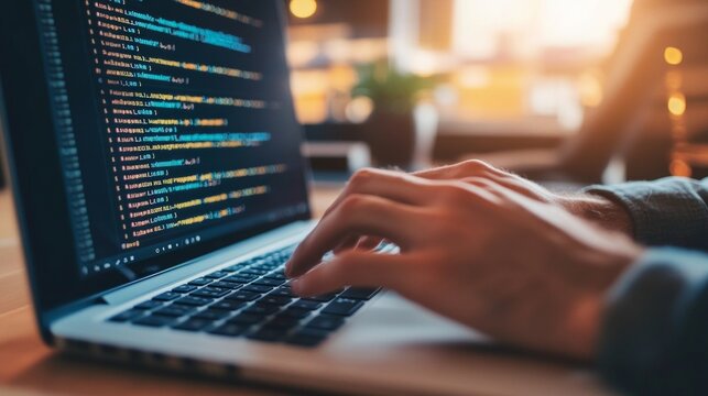 A close-up of a programmer's hands typing on a laptop keyboard with code displayed on the screen, symbolizing software development, coding, and modern technology. 