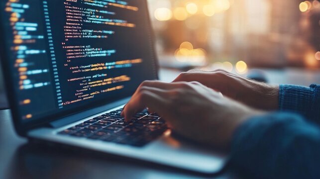 A close-up of a programmer's hands typing on a laptop keyboard with code displayed on the screen, symbolizing software development, coding, and modern technology. 