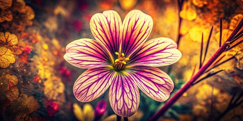 A vibrant 8K long-angle shot of Erodium, a retro-inspired pattern features bold colors and shapes, exuding a gritty, industrial vibe.
