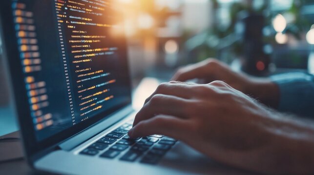 A close-up of a programmer's hands typing on a laptop keyboard with code displayed on the screen, symbolizing software development, coding, and modern technology. 