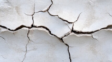 A close-up view of a cracked, white surface, showcasing intricate fissures and texture in a dry, weathered material.