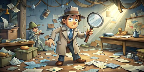 A whimsical illustration of a cartoon detective, with a magnifying glass and map, amidst a chaotic room filled with scattered papers and broken objects.