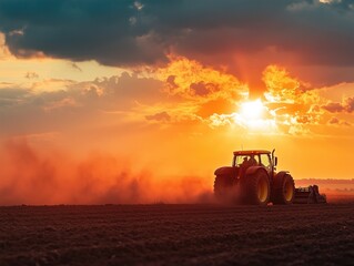 Fototapeta premium Agricultural combine harvesting on the farming field, beautiful sunset in the background. Agriculture food industry