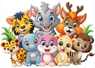 Naklejka premium Adorable cartoon animals, bursting with expressive faces and vibrant colors, spread joy and whimsy to any design, brightening up the day.