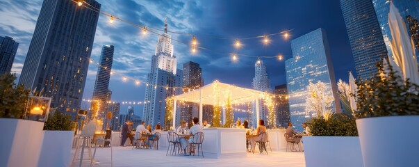A tranquil off-white painted bistro on a city rooftop, with guests dining under string lights and skyscrapers towering around under a night sky