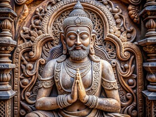 Fototapeta premium Ancient Indian philosopher statue with calm facial expression and hands in meditation pose, surrounded by intricate carvings, symbolizing spiritual enlightenment and inner peace.