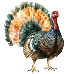 Watercolor illustration of a turkey with its tail feathers spread out.