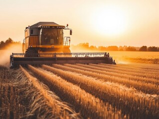 Obraz premium Agricultural combine harvesting on the farming field, beautiful sunset in the background. Agriculture food industry